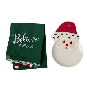 Hallmark Christmas Santa Ceramic Cookie Plate and Kitchen Towel Believe In Magic